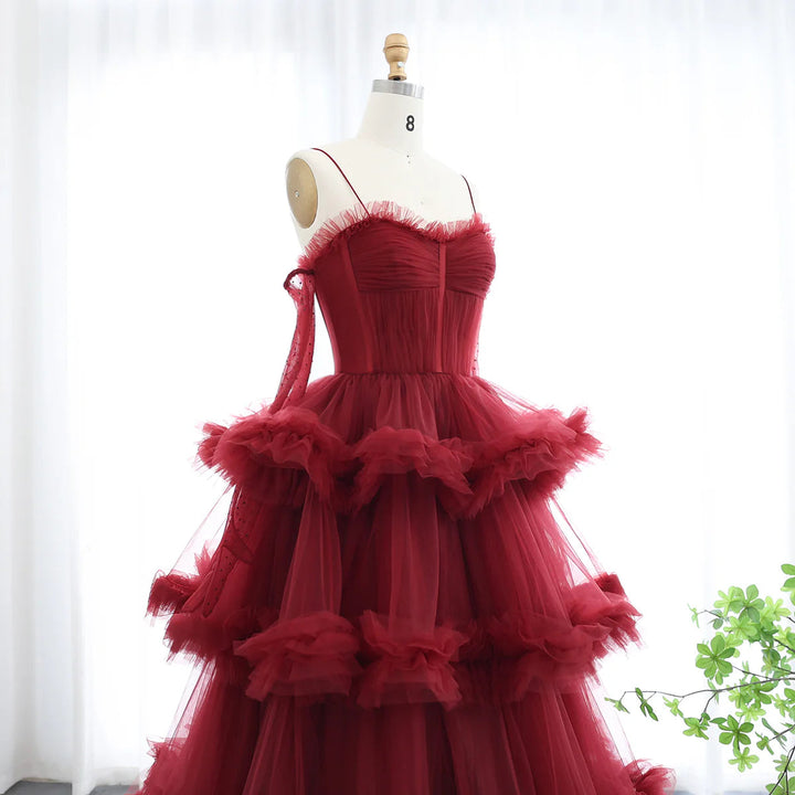 Dreamy Vow Burgundy Tulle Tiered Ruffles Evening Dresses with Gloves SF049