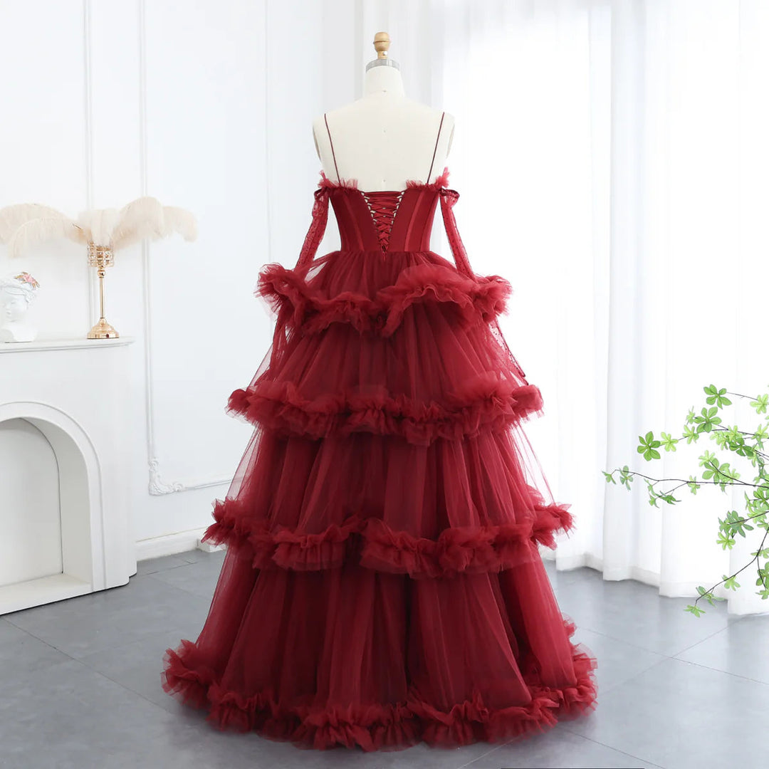 Dreamy Vow Burgundy Tulle Tiered Ruffles Evening Dresses with Gloves SF049