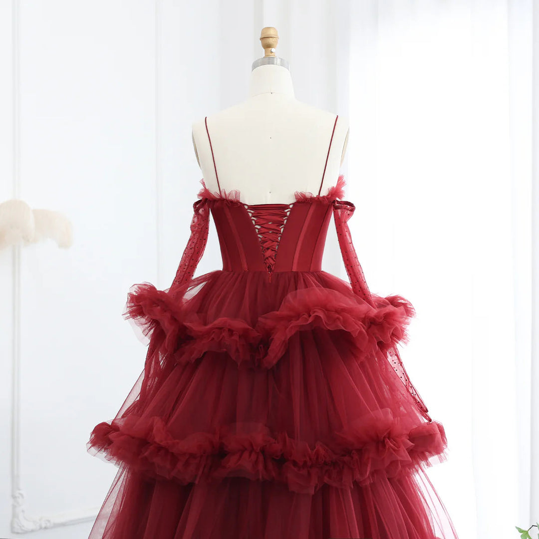 Dreamy Vow Burgundy Tulle Tiered Ruffles Evening Dresses with Gloves SF049