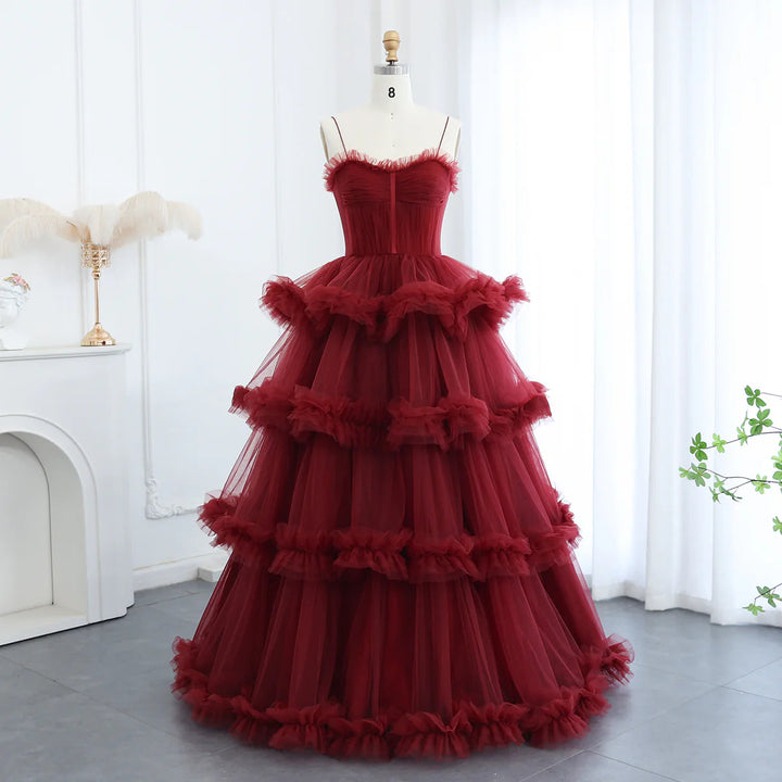 Dreamy Vow Burgundy Tulle Tiered Ruffles Evening Dresses with Gloves SF049