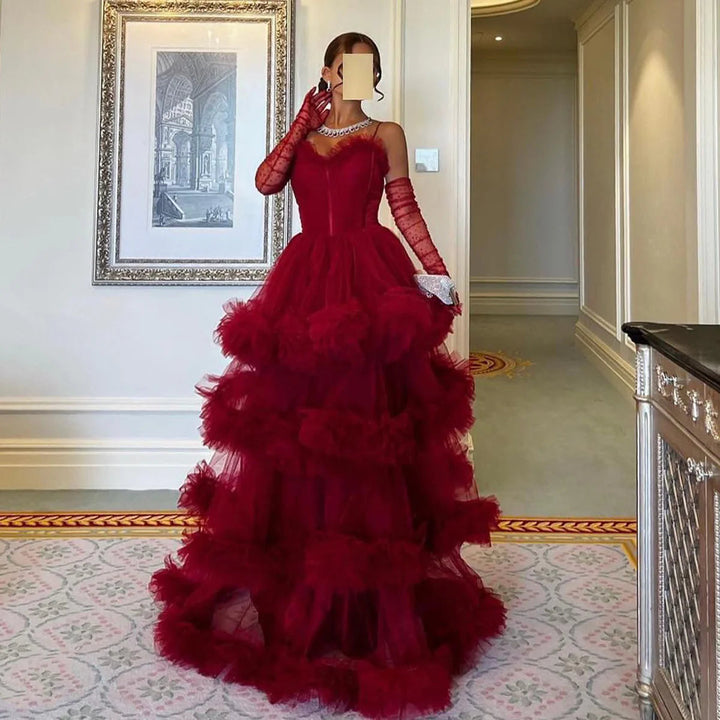 Dreamy Vow Burgundy Tulle Tiered Ruffles Evening Dresses with Gloves SF049