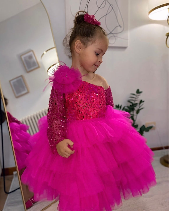 DreamyVow Sequins Fuchsia Girl Dress Knee Length Arabic Princess Party Gown J238