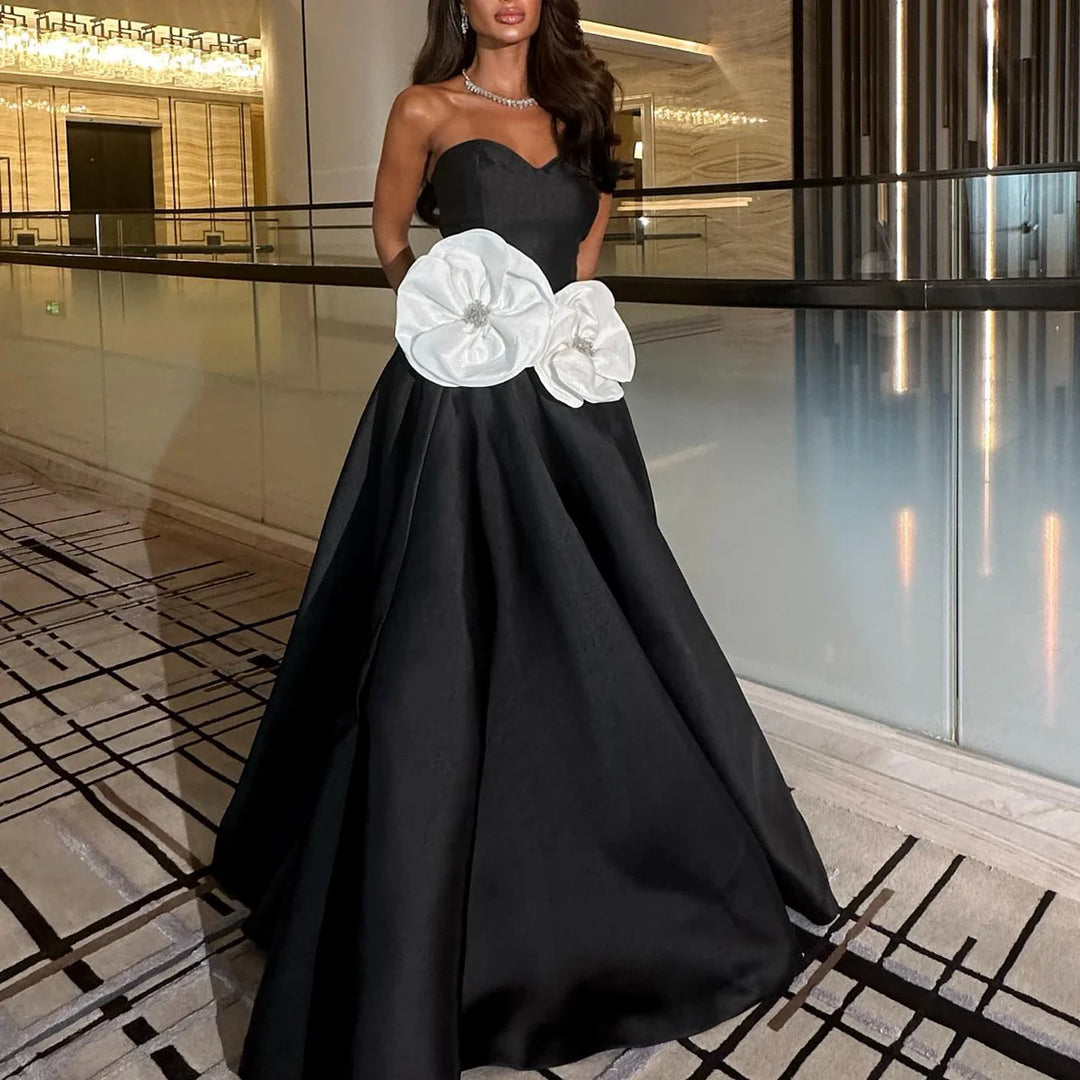 Dreamy Vow Elegant Black 3D Flowers Strapless A-Line Evening Dress SF092