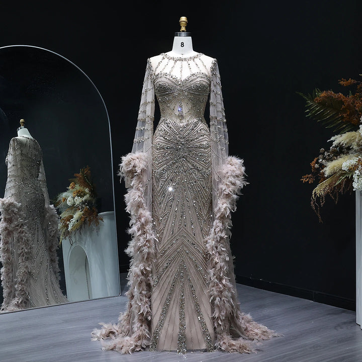 Luxury Caramel Beaded Mermaid Evening Dress with Feather Cape Sleeves SS082