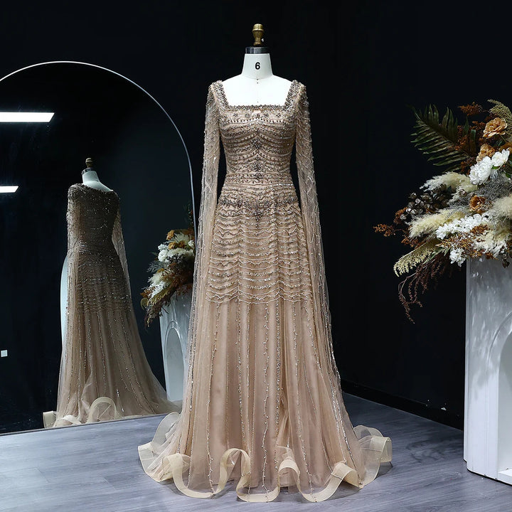 Luxury Beaded Caramel Evening Dress with Cape Sleeve SS591