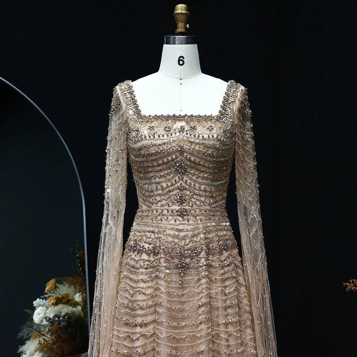 Luxury Beaded Caramel Evening Dress with Cape Sleeve SS591