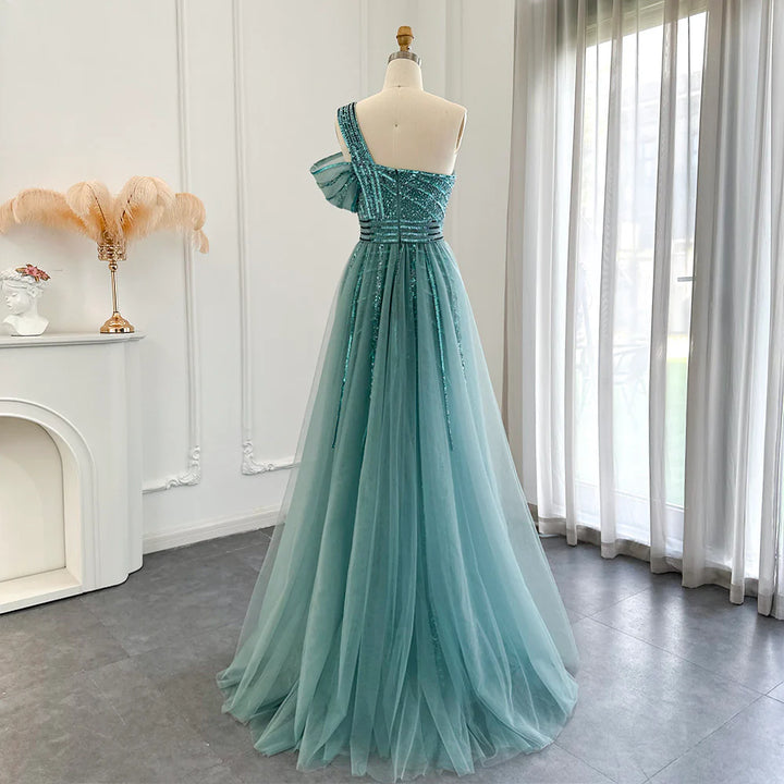 Luxury Dubai Sage Green Evening Dress One Shoulder Wedding Formal Party Gowns SS016