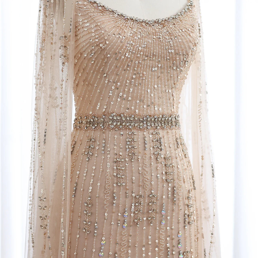 Luxury Champagne Mermaid Evening Dress with Cape SS590