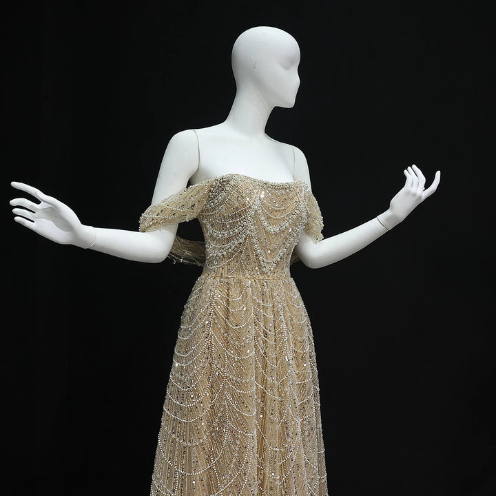 Luxury Beaded Champagne Off-Shoulder Evening Dress SS102