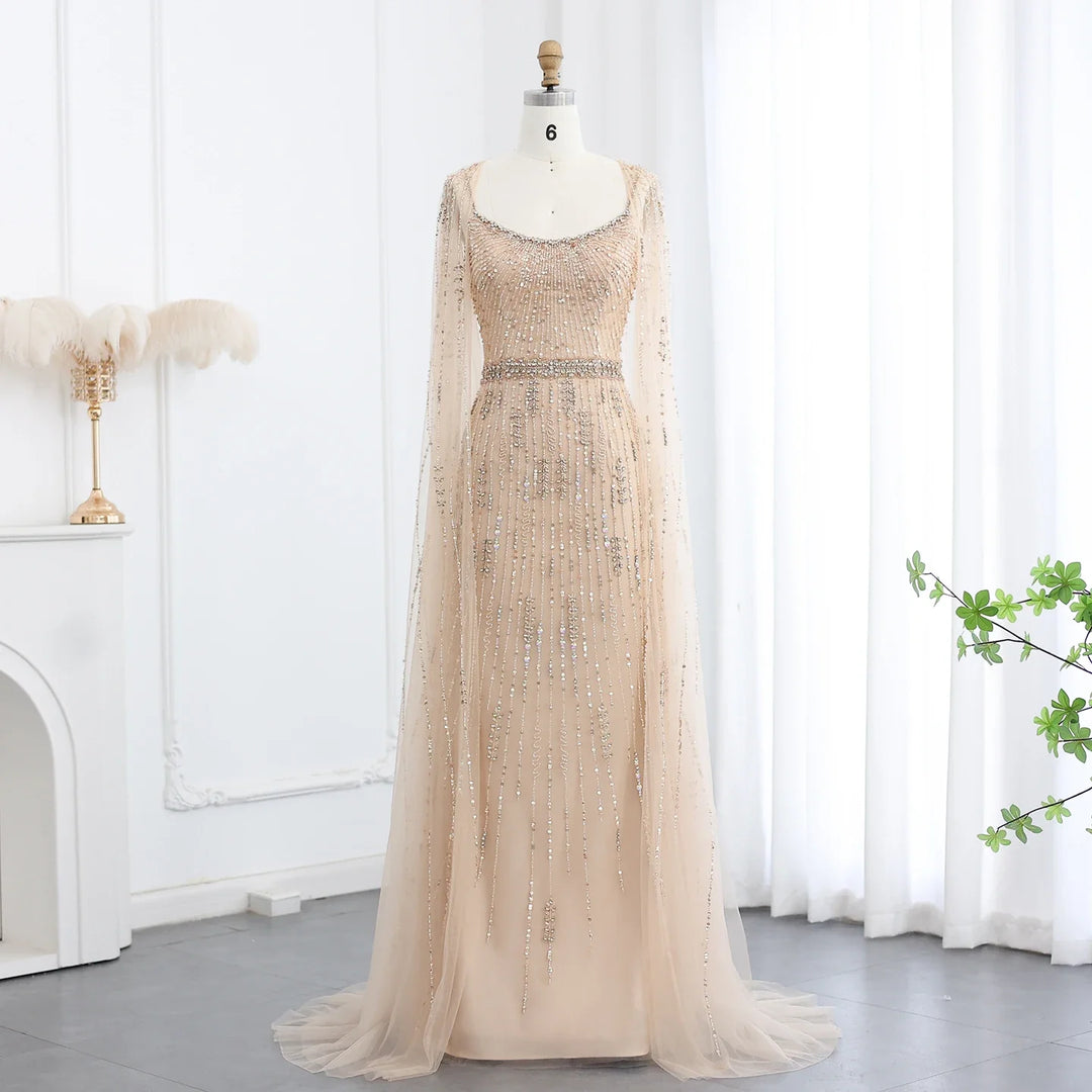 Luxury Champagne Mermaid Evening Dress with Cape SS590