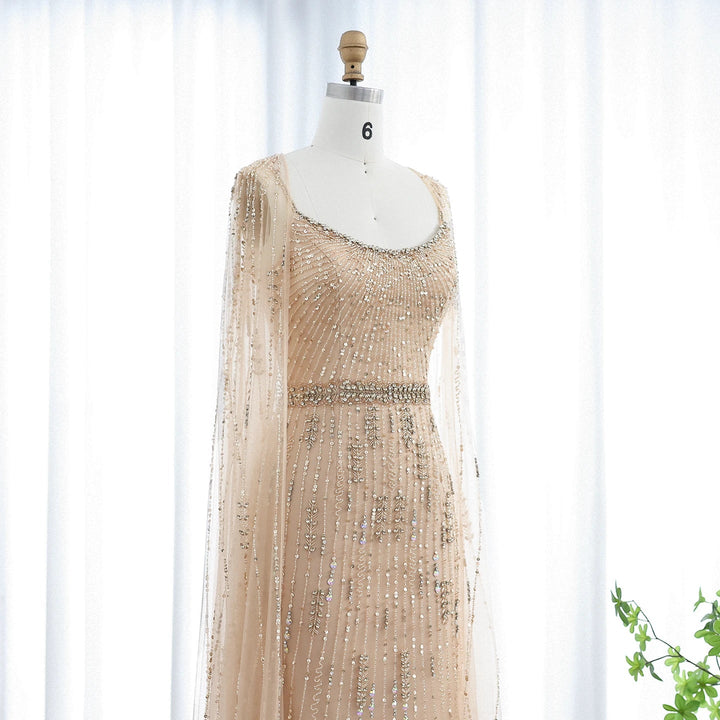 Luxury Champagne Mermaid Evening Dress with Cape SS590