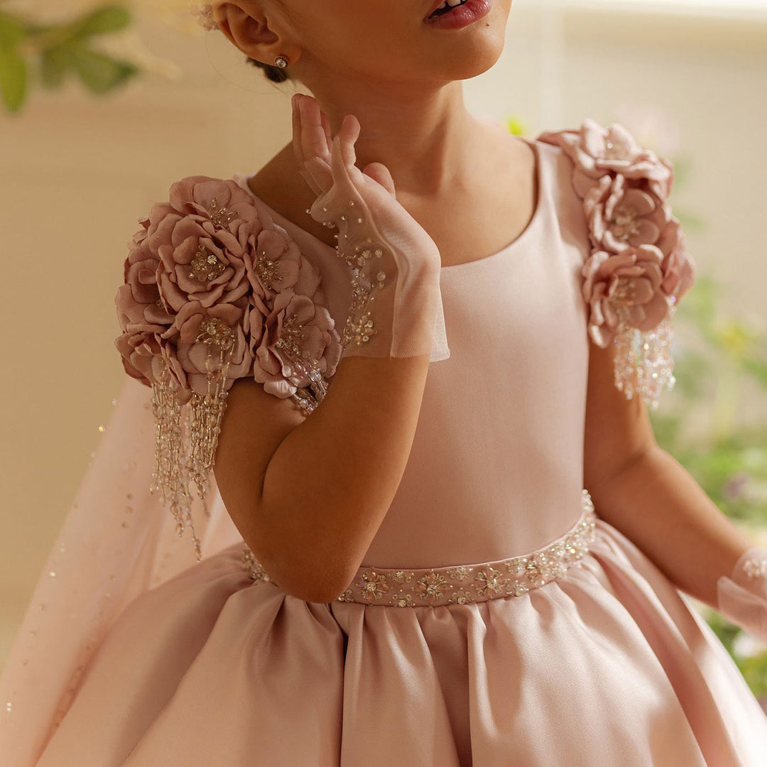 DreamyVow Luxury Dusty Pink Girl Dress Beadeds Arabic with Cap Handmade Flowers Princess Kids Wedding Birthday Party Gown J037