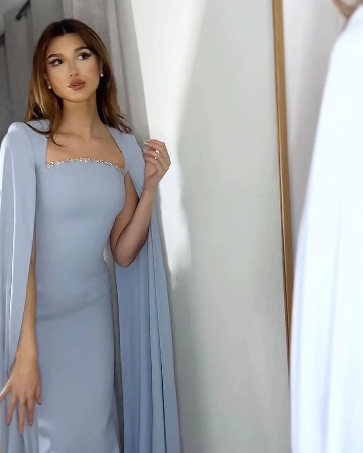 Elegant Blue Mermaid Evening Dress with Cape Sleeves SS486