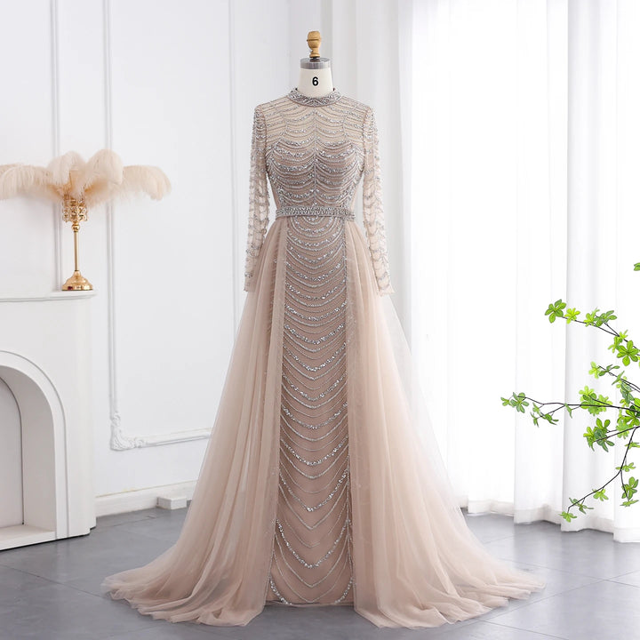 Luxury Champagne Mermaid Dubai Evening Dress with Long Sleeves SS173