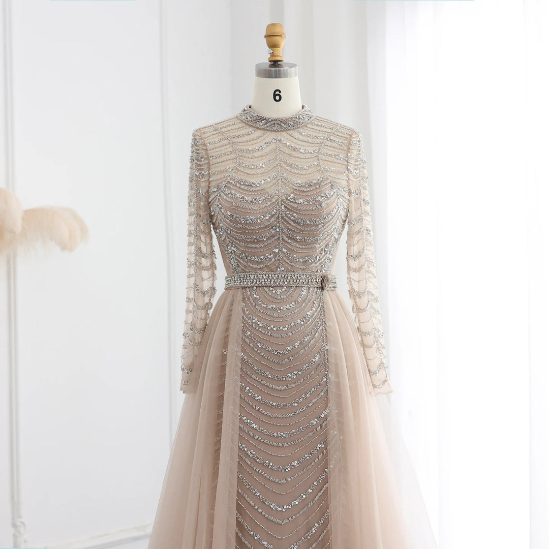 Luxury Champagne Mermaid Dubai Evening Dress with Long Sleeves SS173