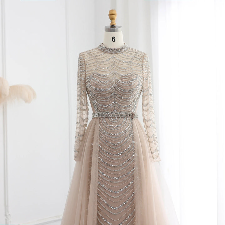 Luxury Champagne Mermaid Dubai Evening Dress with Long Sleeves SS173