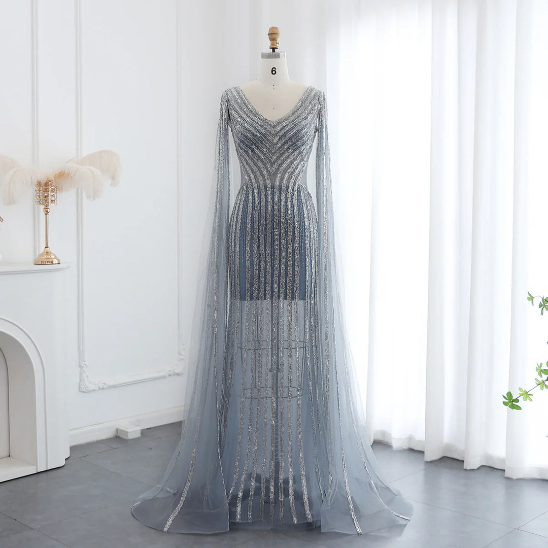 Dreamy Vow 2024 Luxury Beading Blue Mermaid Dubai Evening Dresses with Cape Sleeves V-Neck Arabic Women Wedding Party Gowns SS251-DreamyVow