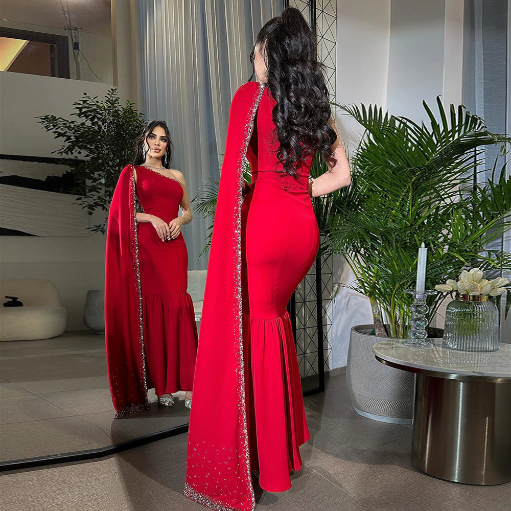 Dreamy Vow Arabic Burgundy One Shoulder Evening Dress with Cape Sleeve Women for Wedding Luxury Dubai Formal Party Gowns 384