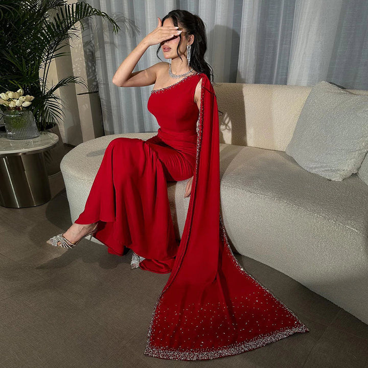 Dreamy Vow Arabic Burgundy One Shoulder Evening Dress with Cape Sleeve Women for Wedding Luxury Dubai Formal Party Gowns 384