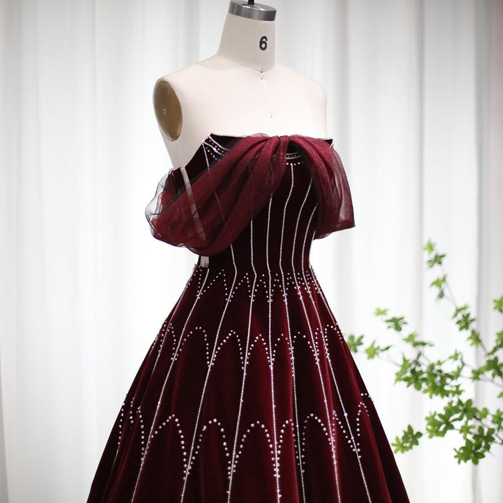 Dreamy Vow Arabic Burgundy Velvet Ball Gown Evening Dress 2023 Luxury Dubai Crystal Women Formal Party Dress for Wedding SS274-DreamyVow