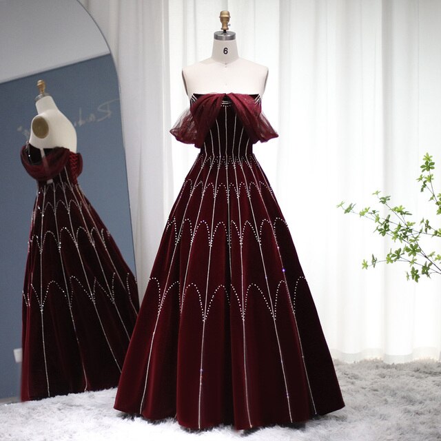 Dreamy Vow Arabic Burgundy Velvet Ball Gown Evening Dress 2023 Luxury Dubai Crystal Women Formal Party Dress for Wedding SS274-DreamyVow