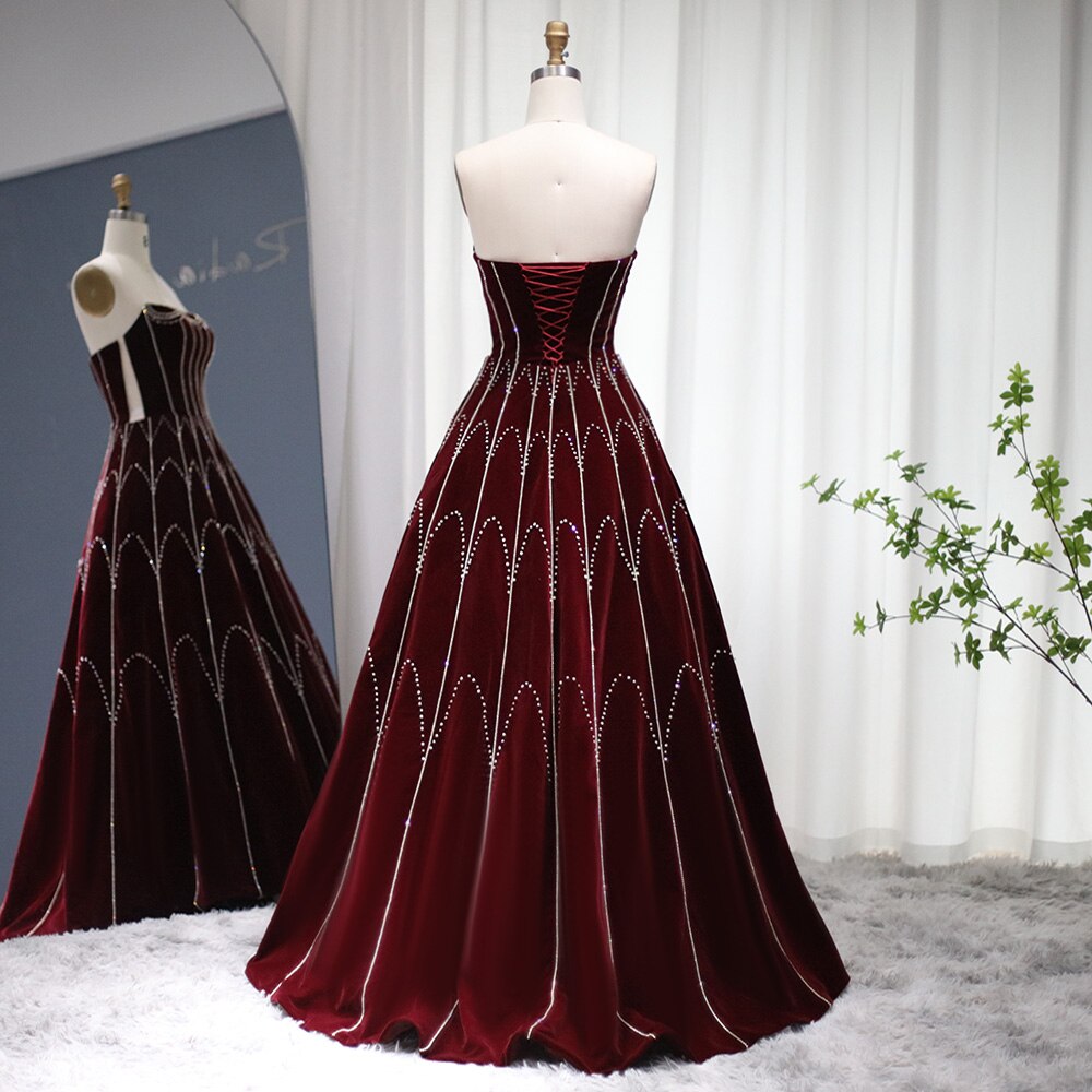 Dreamy Vow Arabic Burgundy Velvet Ball Gown Evening Dress 2023 Luxury Dubai Crystal Women Formal Party Dress for Wedding SS274-DreamyVow