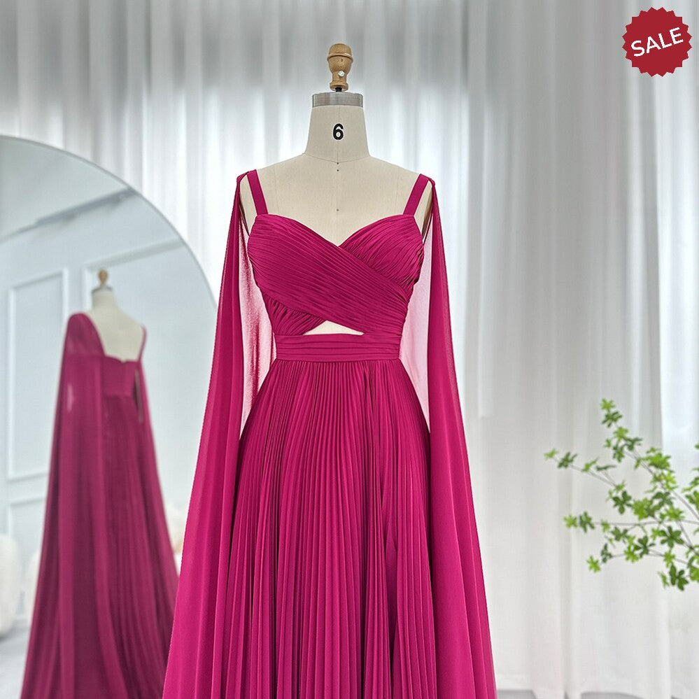 Dreamy Vow Arabic Fuchsia Chiffon Dubai Evening Dresses with Cape Sleeves Elegant Yellow Women Wedding Party Formal Gowns F090