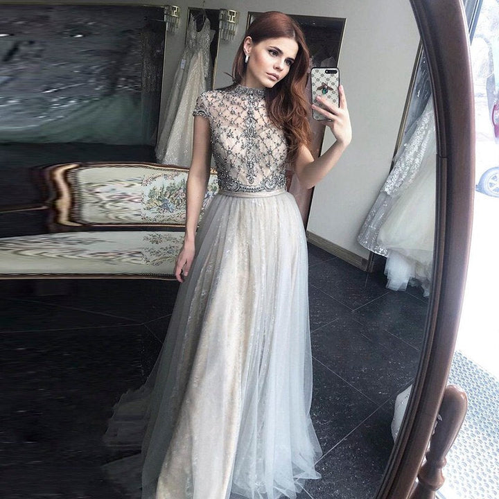 Dreamy Vow Arabic Gray Lace Short Evening Dresses Luxury Dubai Vintage Tea Length Formal Dress for Women Wedding Party SS253-DreamyVow