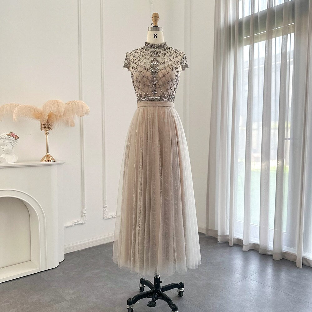 Dreamy Vow Arabic Gray Lace Short Evening Dresses Luxury Dubai Vintage Tea Length Formal Dress for Women Wedding Party SS253-DreamyVow