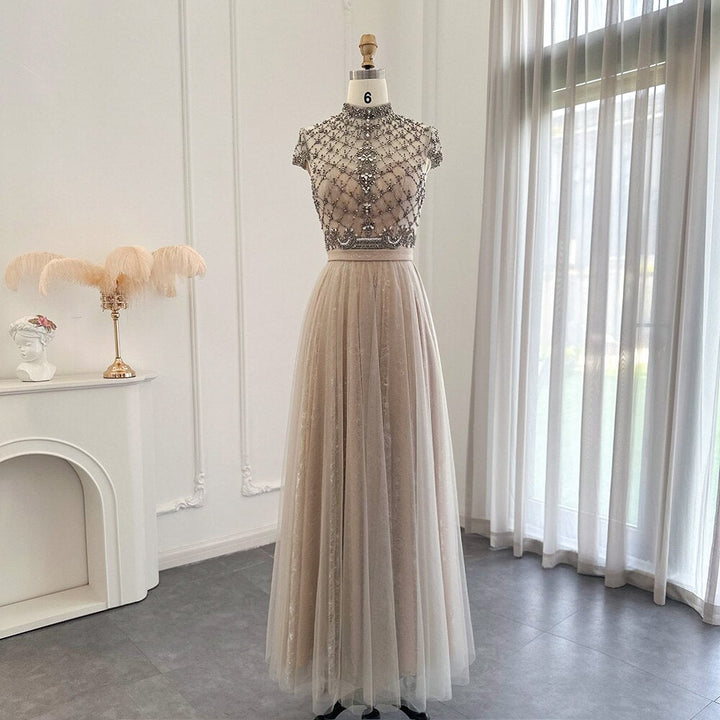 Dreamy Vow Arabic Gray Lace Short Evening Dresses Luxury Dubai Vintage Tea Length Formal Dress for Women Wedding Party SS253-DreamyVow