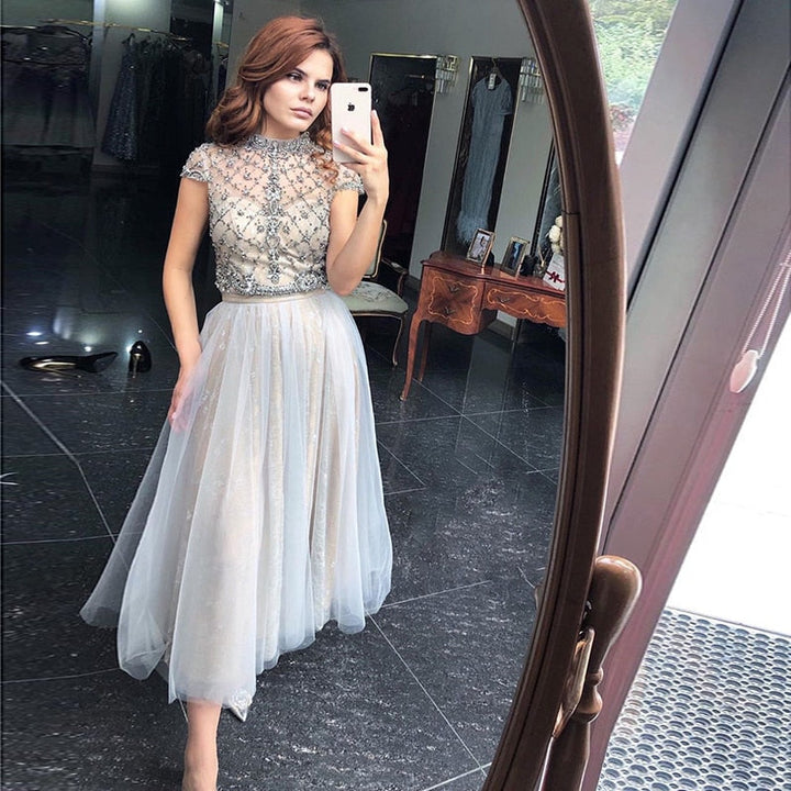 Dreamy Vow Arabic Gray Lace Short Evening Dresses Luxury Dubai Vintage Tea Length Formal Dress for Women Wedding Party SS253-DreamyVow