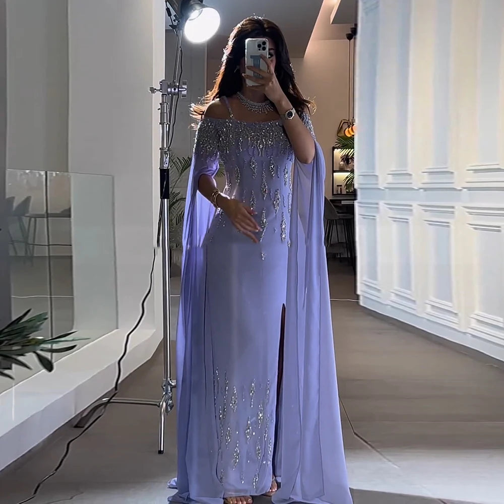 Dreamy Vow Arabic Lilac Mermaid Evening Dress with Cape Sleeves 2024 Luxury Dubai Beaded Women Wedding Formal Party Gowns SS448-DreamyVow