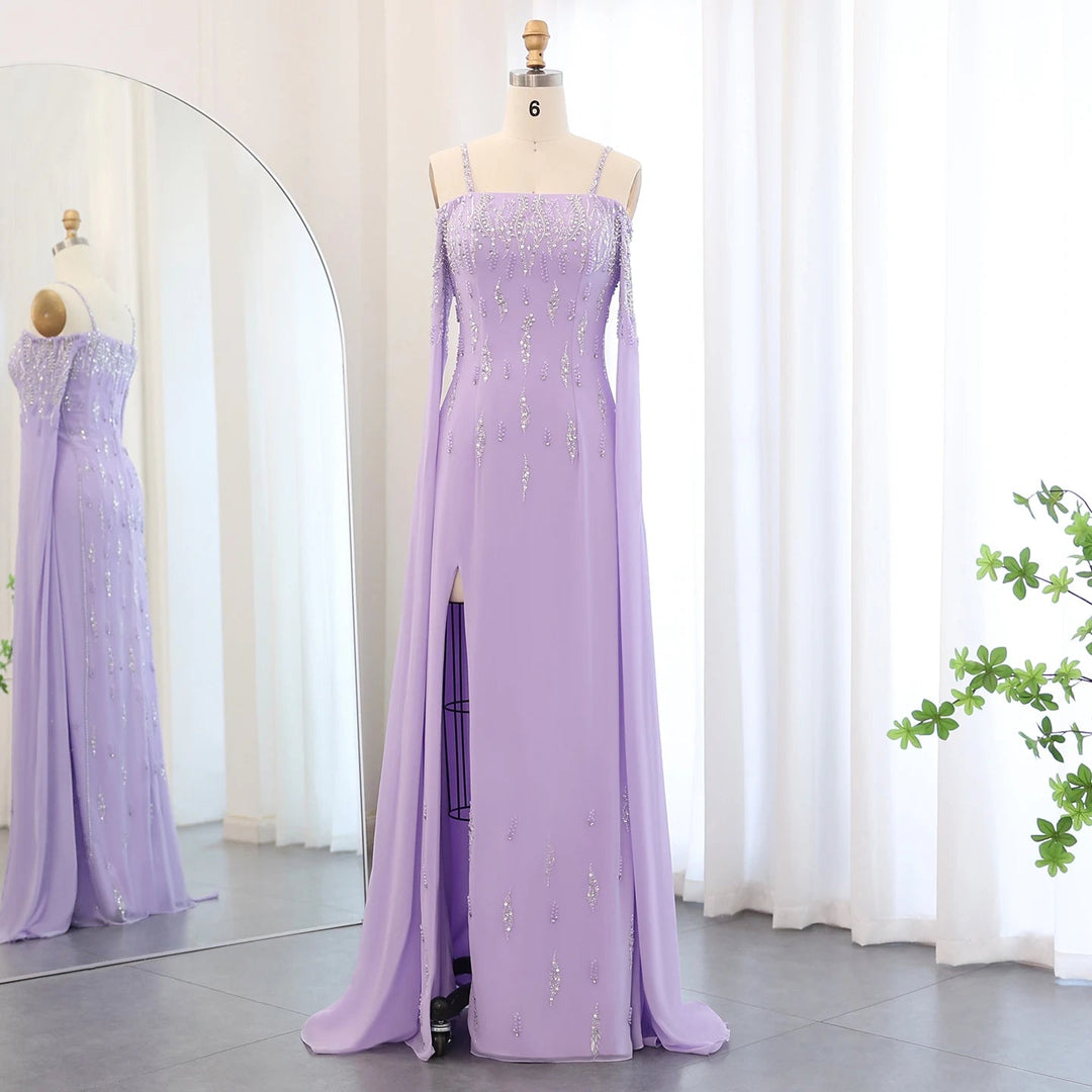 Dreamy Vow Arabic Lilac Mermaid Evening Dress with Cape Sleeves 2024 Luxury Dubai Beaded Women Wedding Formal Party Gowns SS448-DreamyVow