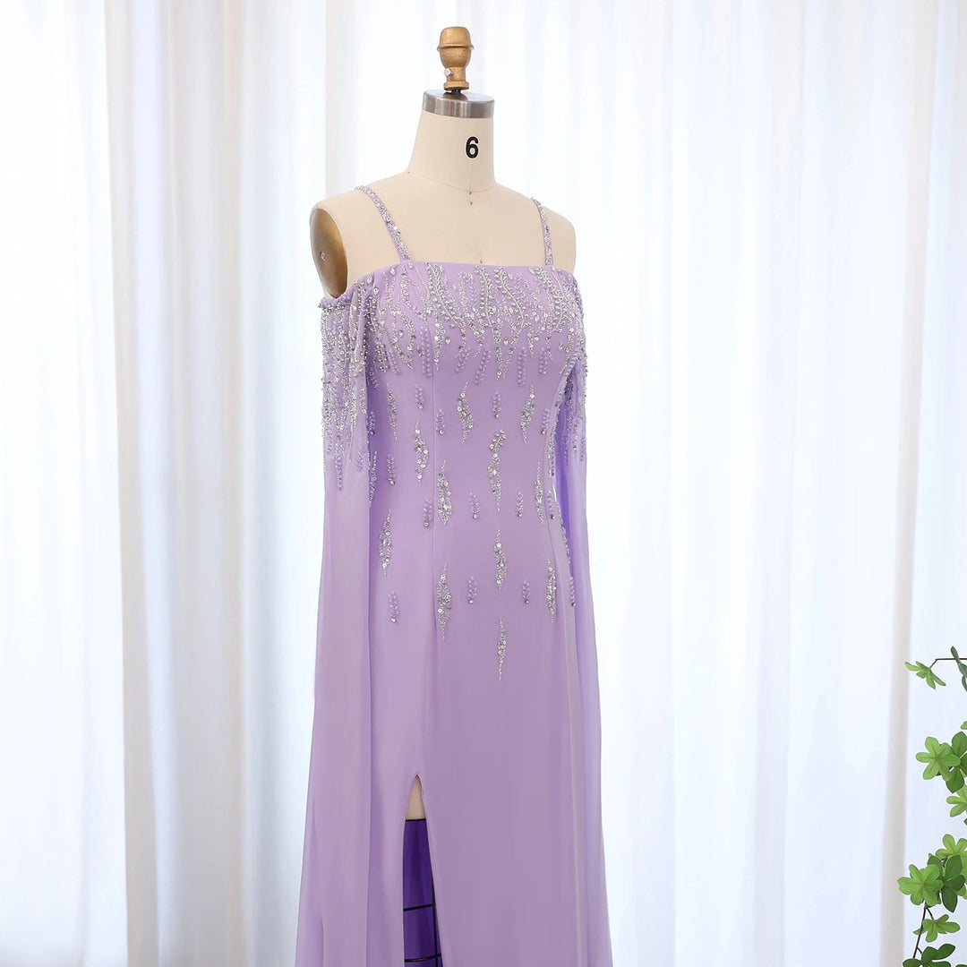 Dreamy Vow Arabic Lilac Mermaid Evening Dress with Cape Sleeves 2024 Luxury Dubai Beaded Women Wedding Formal Party Gowns SS448-DreamyVow