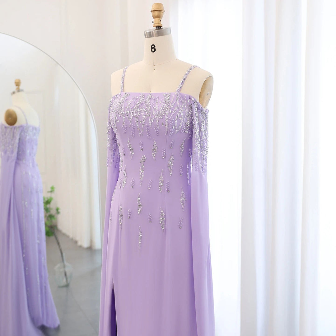 Dreamy Vow Arabic Lilac Mermaid Evening Dress with Cape Sleeves 2024 Luxury Dubai Beaded Women Wedding Formal Party Gowns SS448-DreamyVow