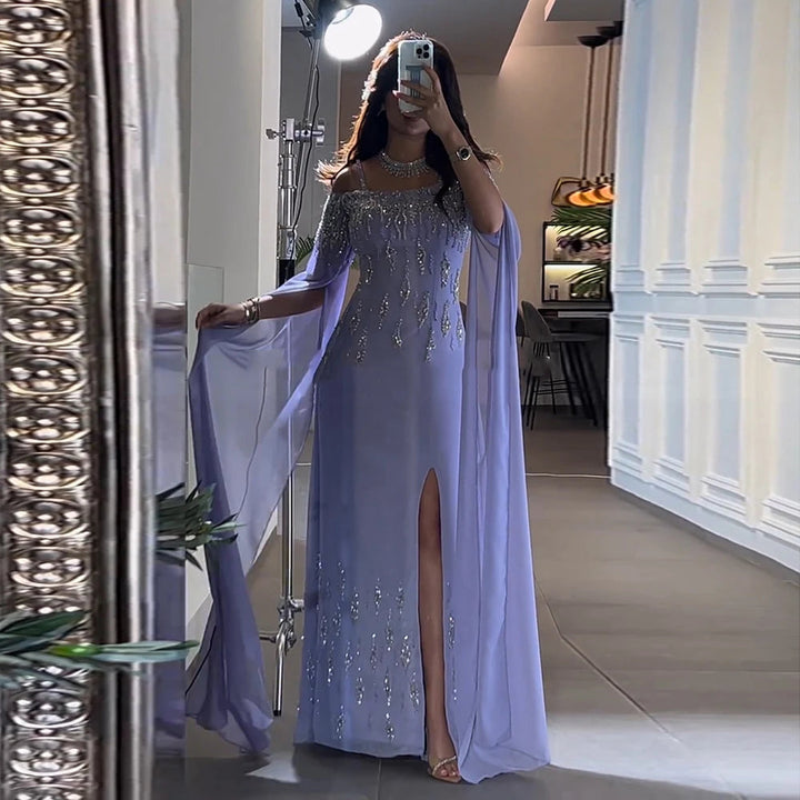 Dreamy Vow Arabic Lilac Mermaid Evening Dress with Cape Sleeves 2024 Luxury Dubai Beaded Women Wedding Formal Party Gowns SS448-DreamyVow