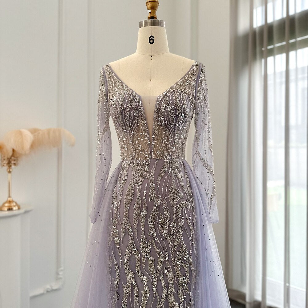 Dreamy Vow Arabic Lilac Mermaid Overskirt Evening Dresses 2023 Luxury Dubai Long Sleeves Women Wedding Guest Party Gowns SS234-DreamyVow