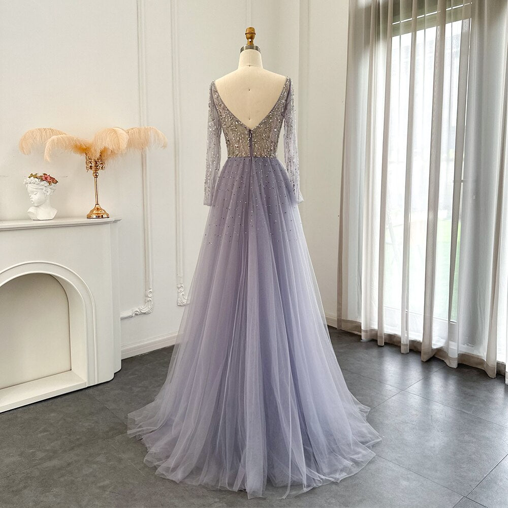 Dreamy Vow Arabic Lilac Mermaid Overskirt Evening Dresses 2023 Luxury Dubai Long Sleeves Women Wedding Guest Party Gowns SS234-DreamyVow