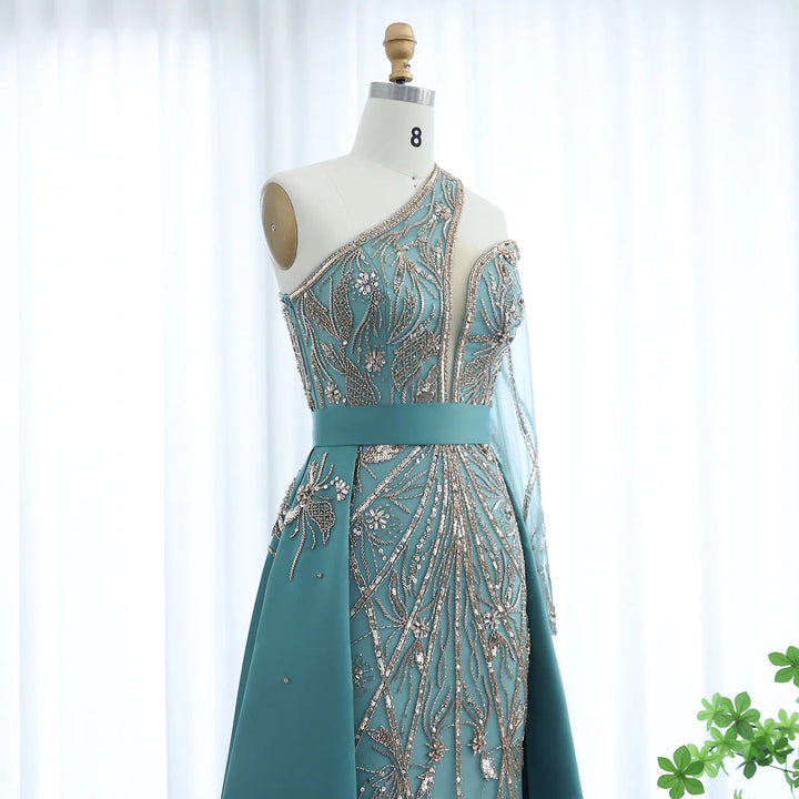 Dreamy Vow Arabic Luxury Beaded One Shoulder Turquoise Evening Dress with Overskirt Dubai Women Wedding Party Gowns SS307-DreamyVow