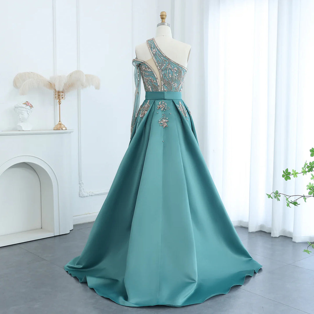 Dreamy Vow Arabic Luxury Beaded One Shoulder Turquoise Evening Dress with Overskirt Dubai Women Wedding Party Gowns SS307-DreamyVow