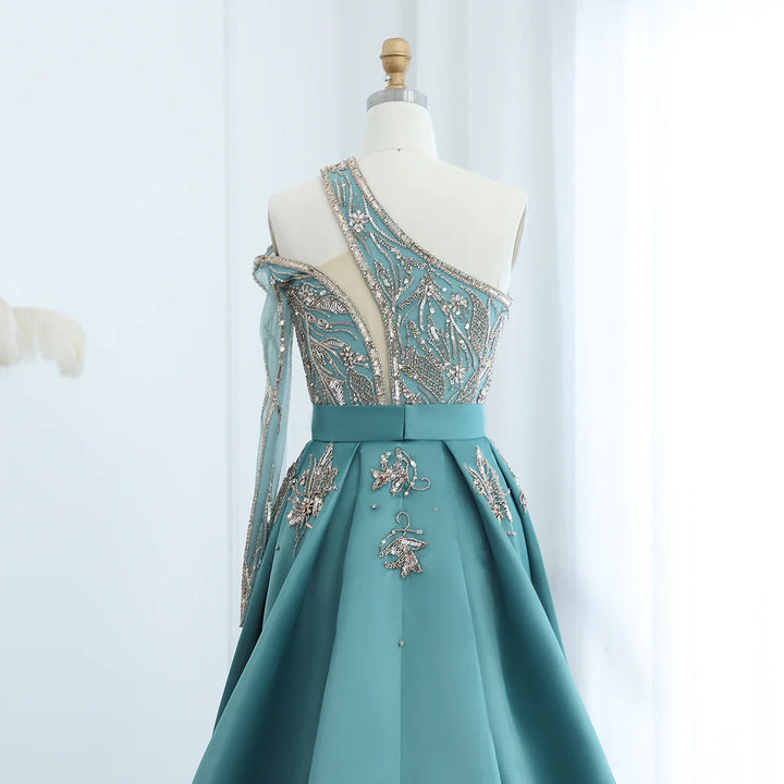 Dreamy Vow Arabic Luxury Beaded One Shoulder Turquoise Evening Dress with Overskirt Dubai Women Wedding Party Gowns SS307-DreamyVow