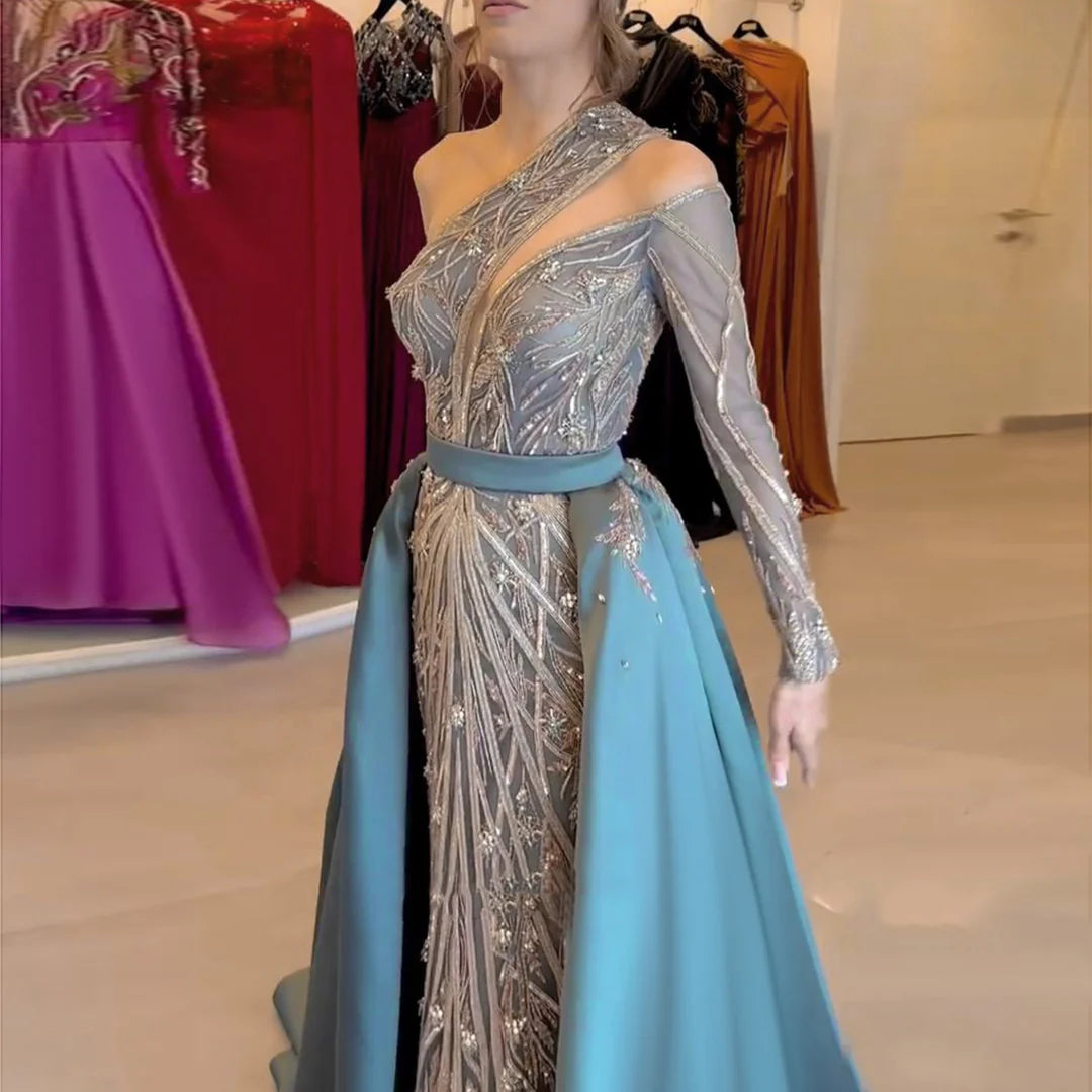 Dreamy Vow Arabic Luxury Beaded One Shoulder Turquoise Evening Dress with Overskirt Dubai Women Wedding Party Gowns SS307-DreamyVow