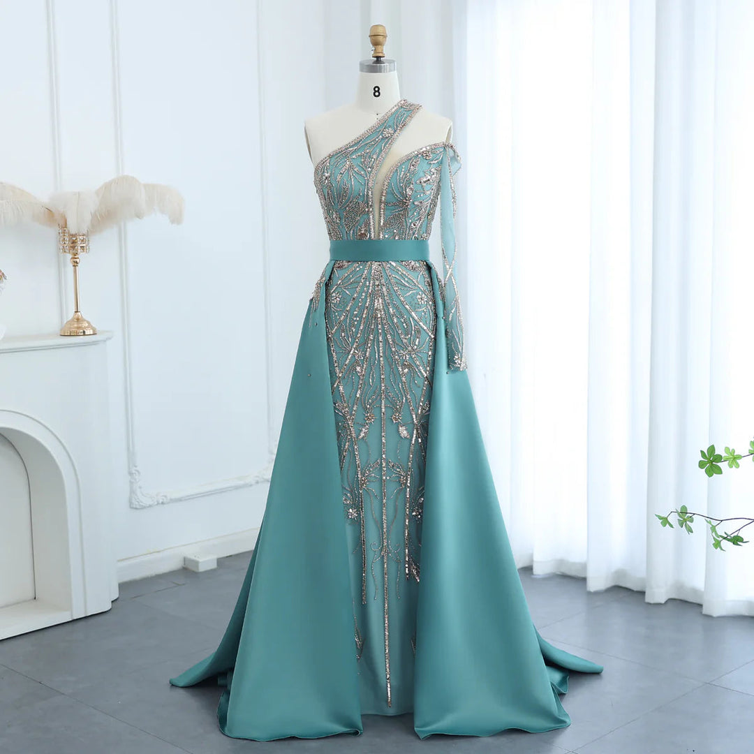 Dreamy Vow Arabic Luxury Beaded One Shoulder Turquoise Evening Dress with Overskirt Dubai Women Wedding Party Gowns SS307-DreamyVow