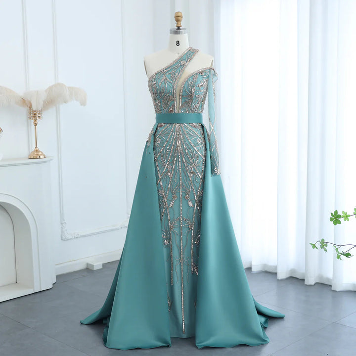 Dreamy Vow Arabic Luxury Beaded One Shoulder Turquoise Evening Dress with Overskirt Dubai Women Wedding Party Gowns SS307-DreamyVow