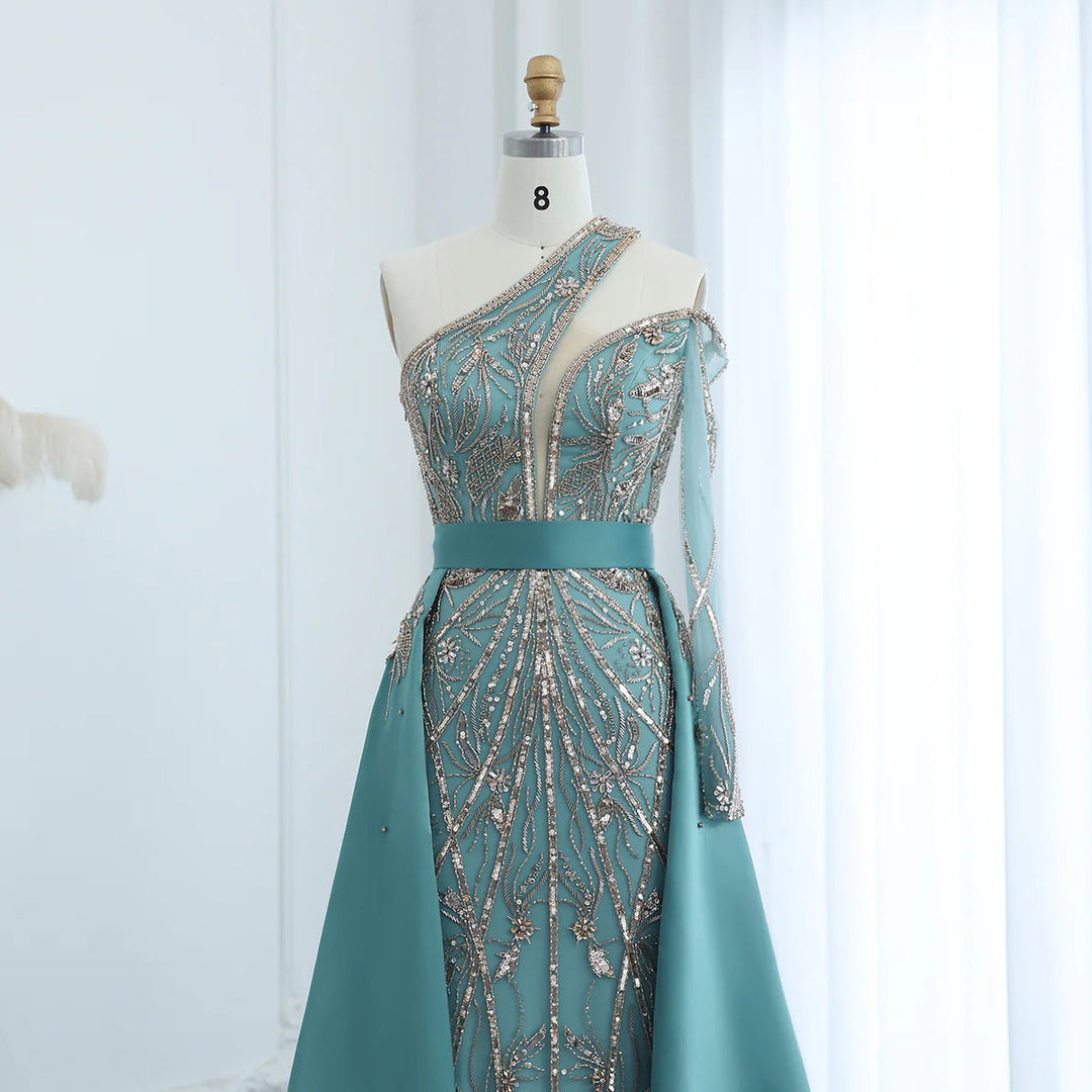 Dreamy Vow Arabic Luxury Beaded One Shoulder Turquoise Evening Dress with Overskirt Dubai Women Wedding Party Gowns SS307-DreamyVow