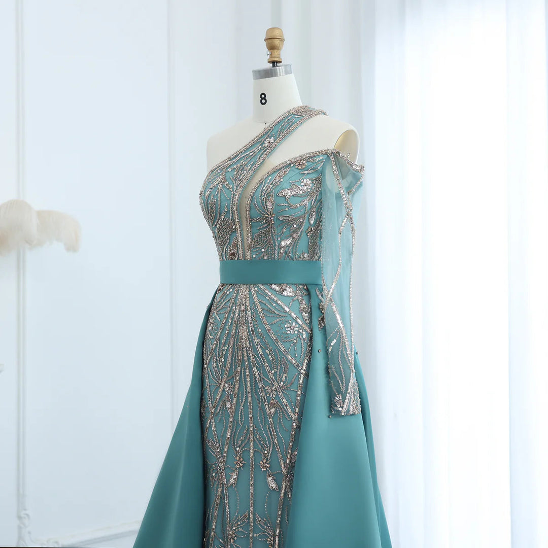 Dreamy Vow Arabic Luxury Beaded One Shoulder Turquoise Evening Dress with Overskirt Dubai Women Wedding Party Gowns SS307-DreamyVow