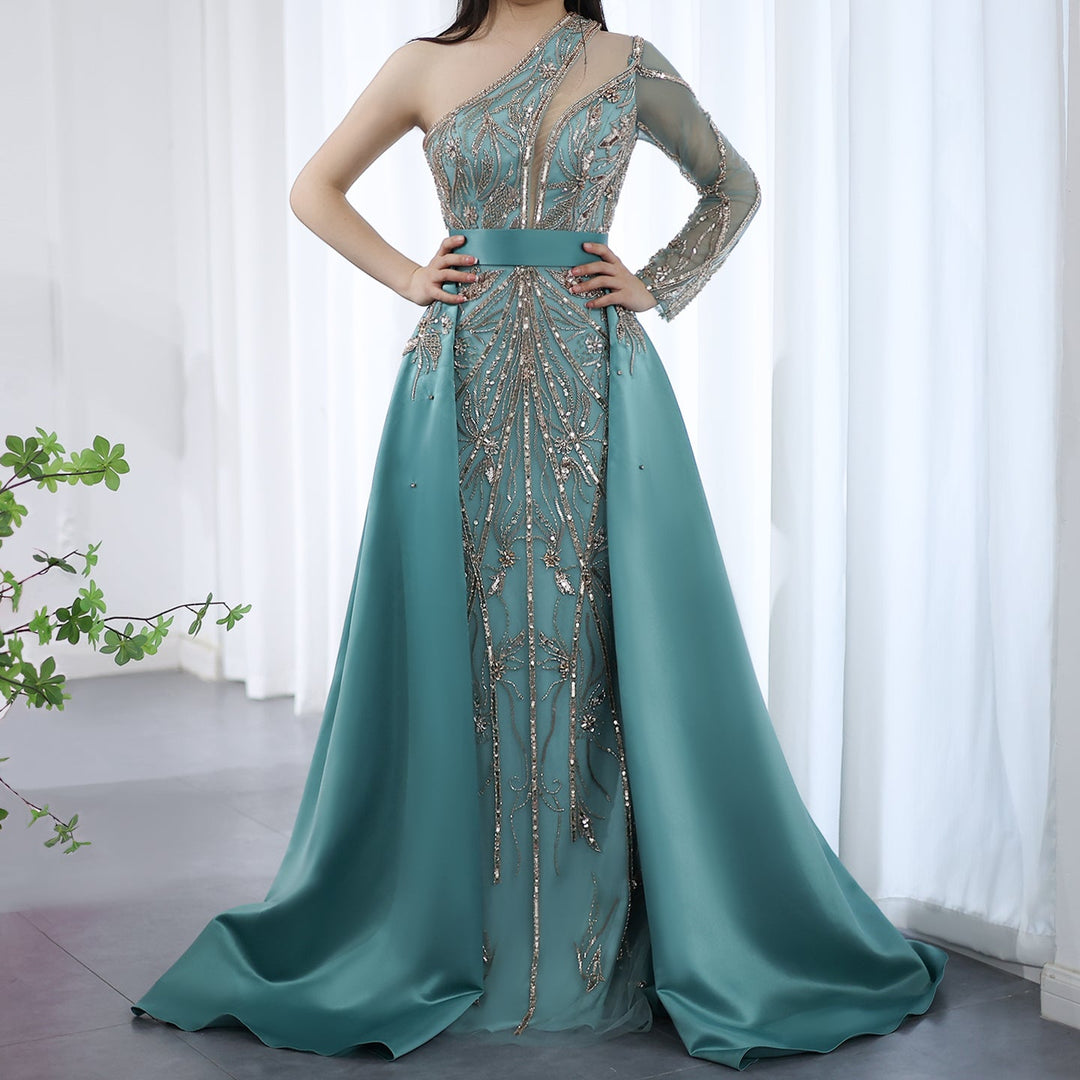 Dreamy Vow Arabic Luxury Beaded One Shoulder Turquoise Evening Dress with Overskirt Dubai Women Wedding Party Gowns SS307-DreamyVow