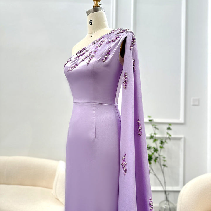 Dreamy Vow Arabic One Shoulder Lilac Dubai Evening Dresses with Cape Elegant Ankle Length Women Wedding Guest Party Gowns 273