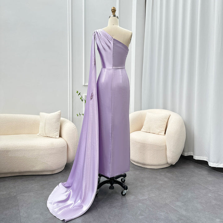 Dreamy Vow Arabic One Shoulder Lilac Dubai Evening Dresses with Cape Elegant Ankle Length Women Wedding Guest Party Gowns 273