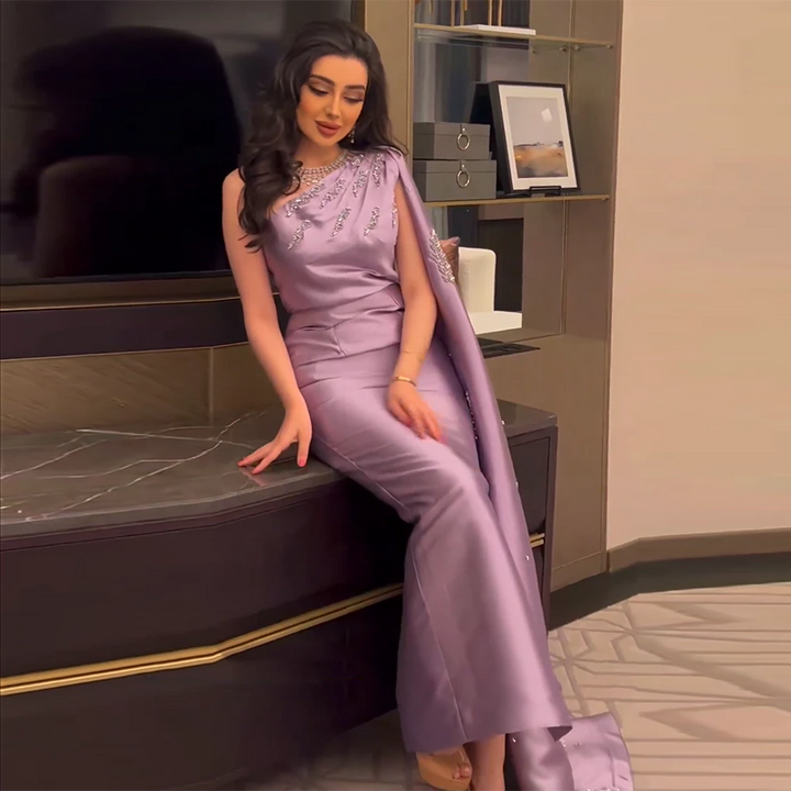 Dreamy Vow Arabic One Shoulder Lilac Dubai Evening Dresses with Cape Elegant Ankle Length Women Wedding Guest Party Gowns 273